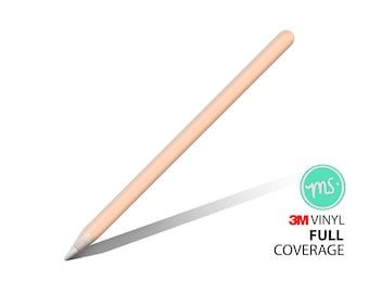 May include: A light peach colored Apple Pencil with a white tip. The pencil is laying on a white surface with a shadow. The text "3M VINYL FULL COVERAGE" and a logo with the letters "ms" are visible in the lower right corner of the image.