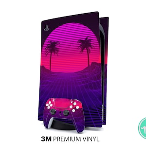May include: A pink and purple retro sunset design with palm trees on a black background. The design is for a Playstation 5 console skin and controller skin. The skin is made of 3M premium vinyl.