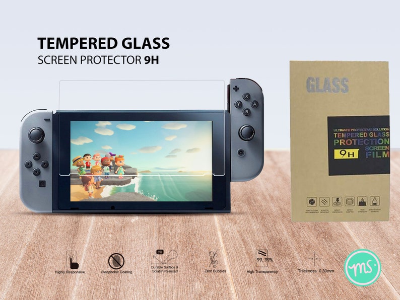 May include: Tempered glass screen protector for the Nintendo Switch, featuring a 9H hardness rating. The protector is shown on a gray Nintendo Switch console with a game screen displaying a cartoon image. The packaging includes the text "GLASS 9H FILM".