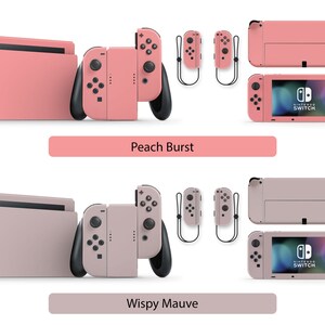 May include: Two Nintendo Switch console sets with different colored skins. The top set is peach colored and the bottom set is a light mauve color. Both sets include the console, two controllers, and a screen protector.