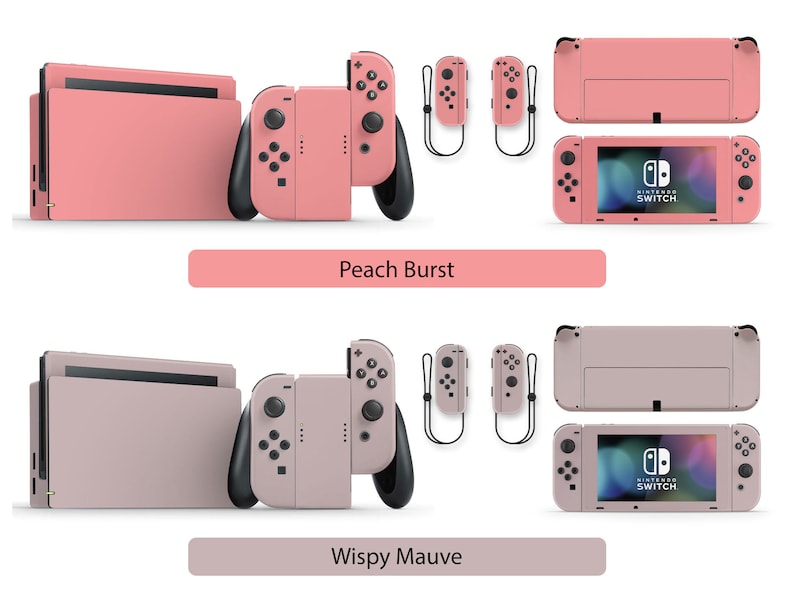 May include: Two Nintendo Switch console sets with different colored skins. The top set is peach colored and the bottom set is a light mauve color. Both sets include the console, two controllers, and a screen protector.