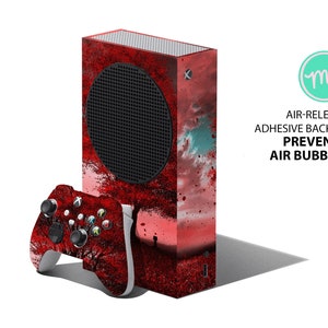 May include: Red and black Xbox Series X console and controller skin with a tree and sky design. The skin has an air-release adhesive backing that prevents air bubbles.