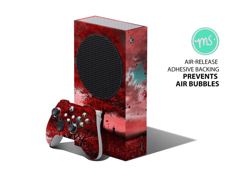 May include: Red and black Xbox Series X console and controller skin with a tree and sky design. The skin has an air-release adhesive backing that prevents air bubbles.