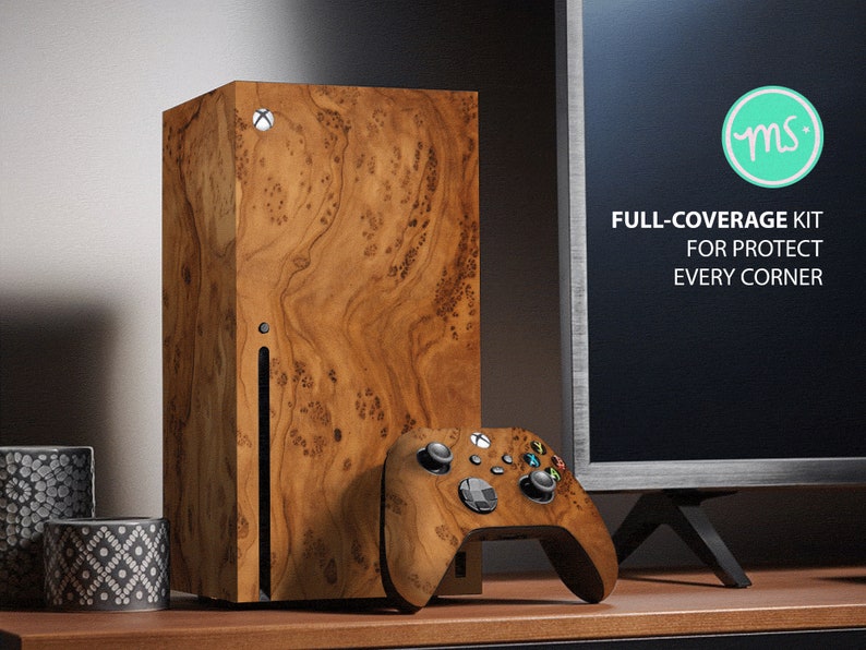 May include: A wood-grain patterned skin for the Xbox Series X console and controller. The skin is a full-coverage kit that protects every corner of the console and controller. The skin is made of a durable, high-quality material that is easy to apply and remove. The skin is available in a variety of colors and patterns.