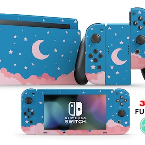 Diseño de nubes de color rosa pastel de dibujos animados bajo una noche estrellada con luna, vinilo premium 3M para Nintendo Switch, Nintendo Switch OLED y Nintendo Lite