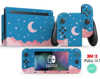 Cartoon pastel pink clouds under starry night with moon premium 3M vinyl skin for Nintendo Switch, Nintendo Switch OLED and Nintendo Lite