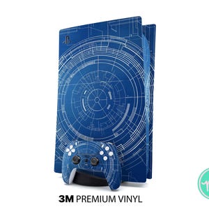 Może przedstawiać: Konsola do gier i kontroler pokryte niebiesko-białym wzorem planu. Projekt przedstawia okrągłe wzory i linie. Tekst "3M PREMIUM VINYL" jest widoczny na dole.