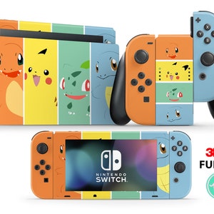 May include: A full set of Nintendo Switch console skins featuring Pokemon characters. The skins are orange, yellow, green, and blue with images of Pikachu, Bulbasaur, Charmander, and Squirtle. The skins are compatible with the Nintendo Switch console, Joy-Cons, and dock. 3M brand.