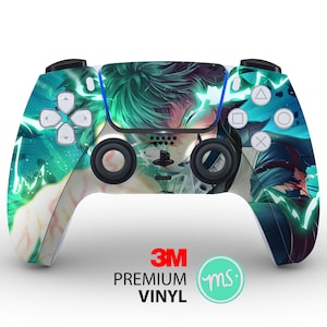 May include: A green and white PlayStation 5 controller skin featuring a character with green hair and a black and white outfit. The skin has a 3M logo and the text "PREMIUM VINYL".