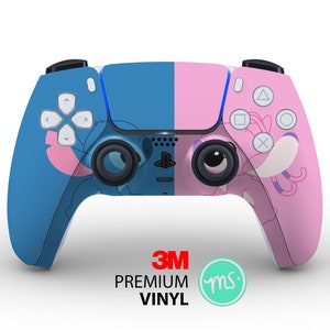 May include: A blue and pink PlayStation 5 DualSense controller with a Stitch and Angel design. The controller has a 3M Premium Vinyl sticker on it.