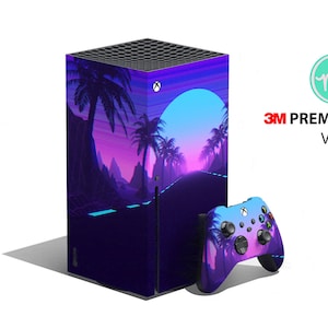 May include: Xbox Series X console skin and controller skin featuring a retro sunset design with palm trees and a road. The skins are made of 3M Premium Vinyl.
