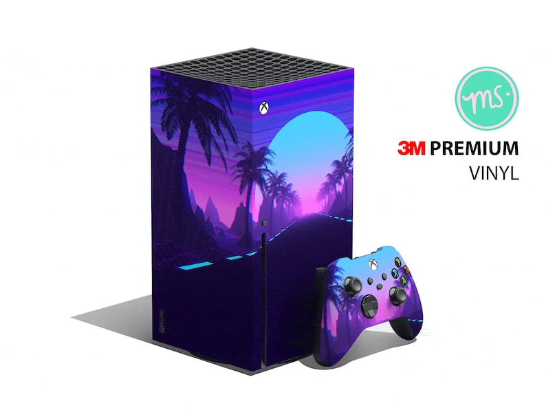 May include: Xbox Series X console skin and controller skin featuring a retro sunset design with palm trees and a road. The skins are made of 3M Premium Vinyl.