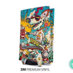 May include: A vibrant, colorful skin set for a gaming console and controller. The design features a cartoon dog character with sunglasses, holding a drink, and wearing a t-shirt. The text "3M PREMIUM VINYL" is at the bottom.