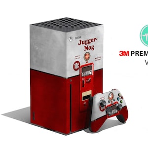 May include: A red and white Xbox Series X console skin with a vintage-style design featuring a vending machine with the text "Drink Jugger-Nog 10c". The skin is made with 3M premium vinyl.