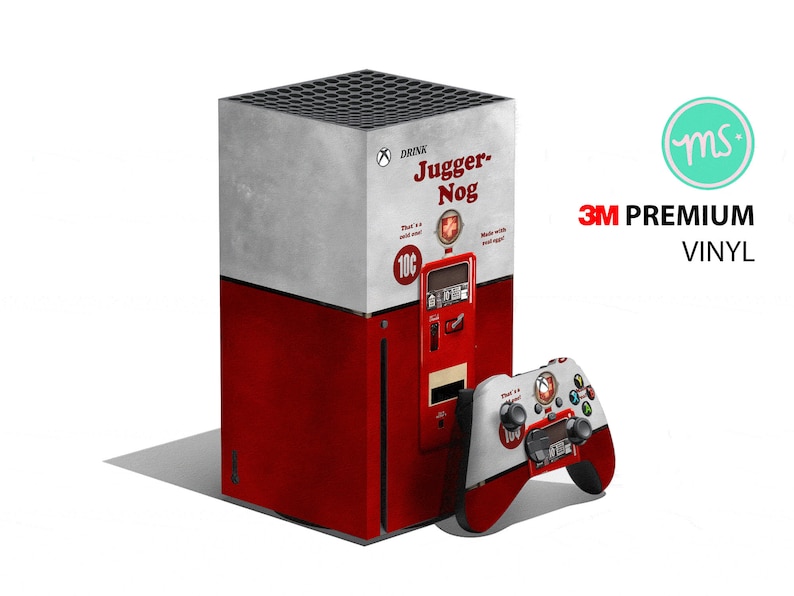 Puede incluir: Una piel para consola Xbox Series X roja y blanca con un dise&ntilde;o de estilo vintage que presenta una m&aacute;quina expendedora con el texto "Drink Jugger-Nog 10c". La piel est&aacute; hecha con vinilo 3M premium.