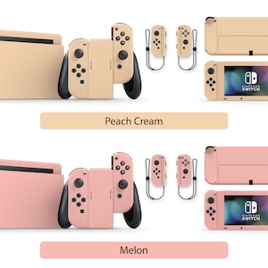 May include: Two Nintendo Switch console sets with different colored skins. The top set is peach cream and the bottom set is melon. Each set includes the console, two controllers, and a screen protector.