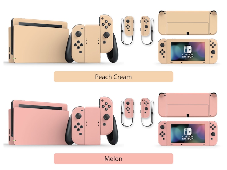 May include: Two Nintendo Switch console sets with different colored skins. The top set is peach cream and the bottom set is melon. Each set includes the console, two controllers, and a screen protector.