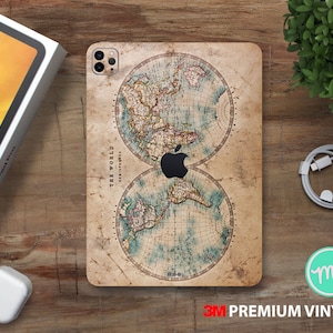 May include: A vintage-style world map phone case with a brown background and a faded blue and green map. The case has a cut-out for the camera lens and the text "The World" printed on the side. The case is made of 3M premium vinyl.