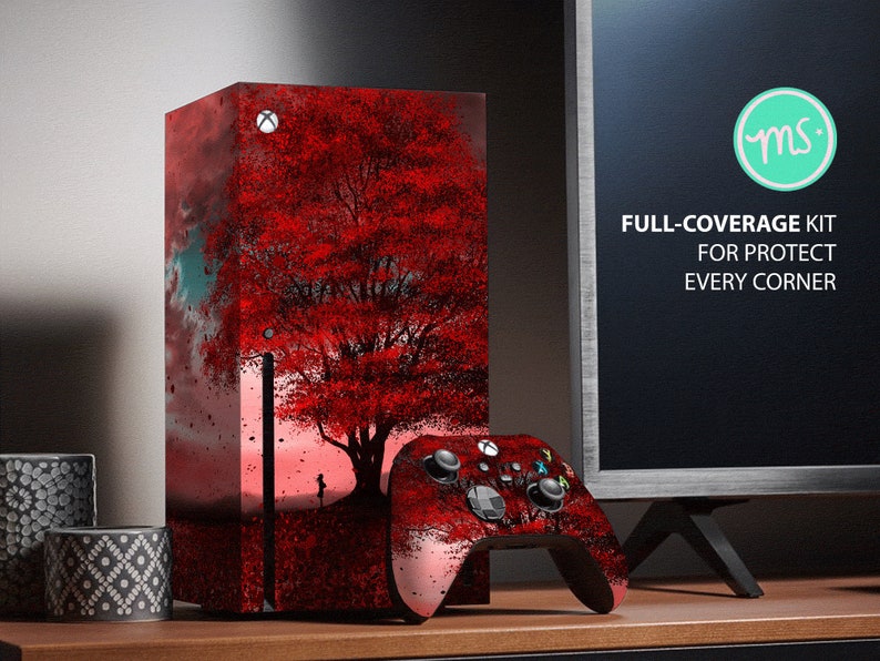 May include: A red and black video game console skin with a red tree design. The skin is designed to cover the entire console, including the controller. The text "FULL-COVERAGE KIT FOR PROTECT EVERY CORNER" is visible on the image.