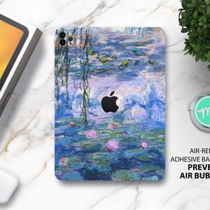 May include: A blue and green phone case featuring a painting of water lilies. The case has an air-release adhesive backing to prevent air bubbles.
