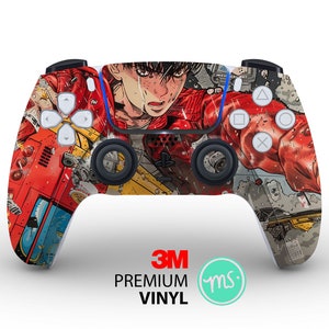 May include: A custom PlayStation 5 DualSense controller skin featuring a colorful anime-style illustration of a character in a red jacket and a cityscape background. The skin is made with 3M premium vinyl.
