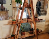 Handmade live edge wooden plant stand A Frame exposed natural bark shelf - made with recycled reclaimed wood