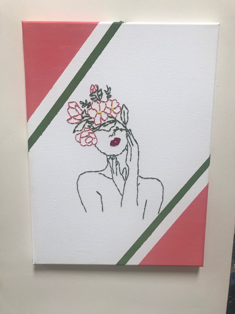Handmade canvas embroidery unique line art style woman with  etsy Handmade canvas embroidery unique line art style woman with  etsy