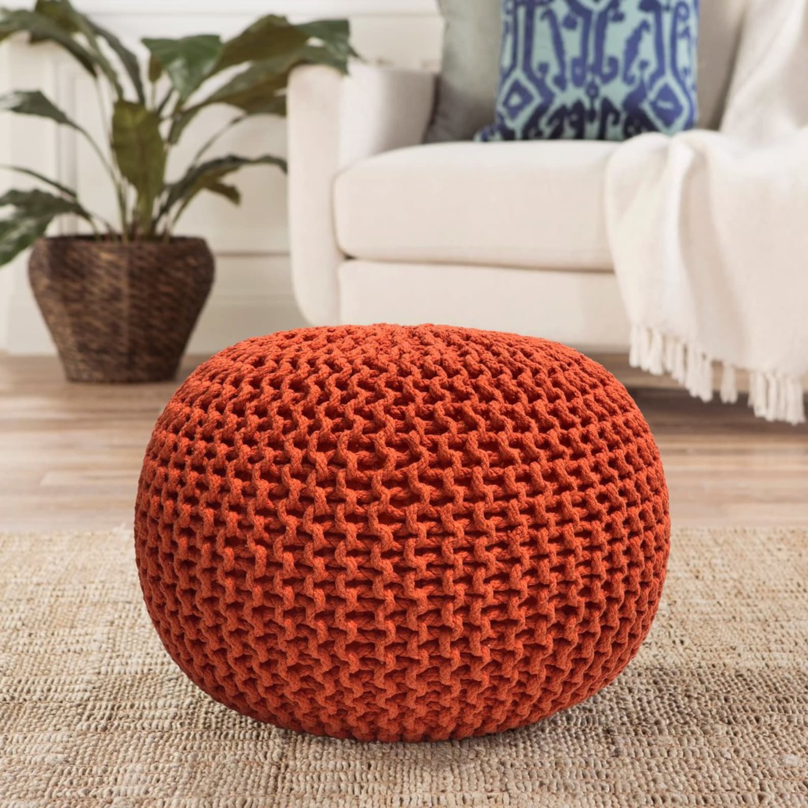 Hand Knitted Pouf Ottoman Round Floor Pouf Natural Ottoman Etsy