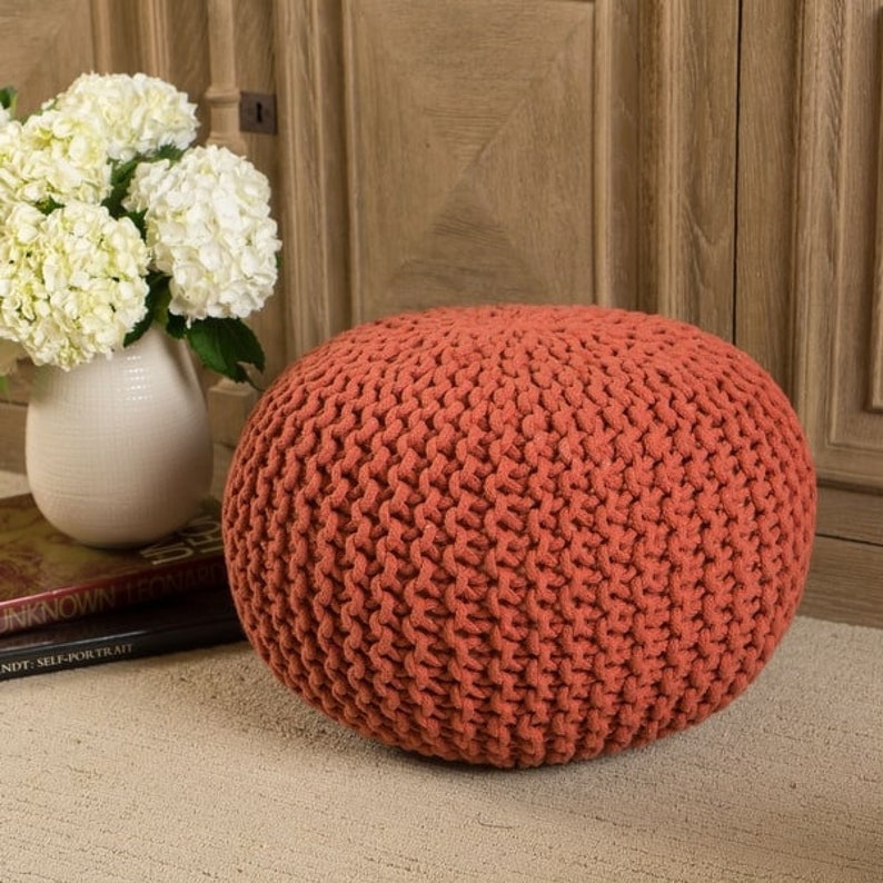 Hand Knitted Pouf Ottoman Round Floor Pouf Natural Ottoman Etsy