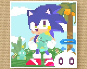 Hedgehog Adventure Chaos Garden Nostalgic Square Pixel Art Print