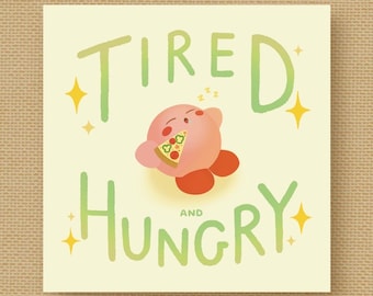 Tired & Hungry Kawaii Sleeping Pink Puff with Pizza Square Art Print