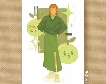 Green Apple Emotes Lady Art Print - Kawaii Illustration Print (4x6)