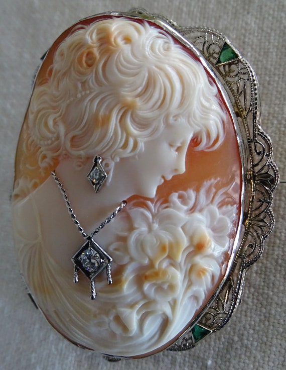 Emerald, 14K Gold and Diamond Cameo 1800's, Brooc… - image 1