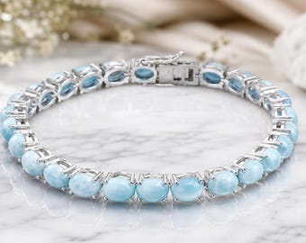 Larimar Tennis Bracelet: 925 Sterling Silver Oval Gemstone, Handmade