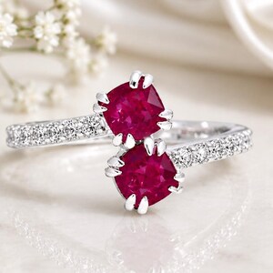 Toi et Moi Ruby Ring, Gold Plated Silver Bypass Band, Cushion Cut Engagement, Moissanite Accent