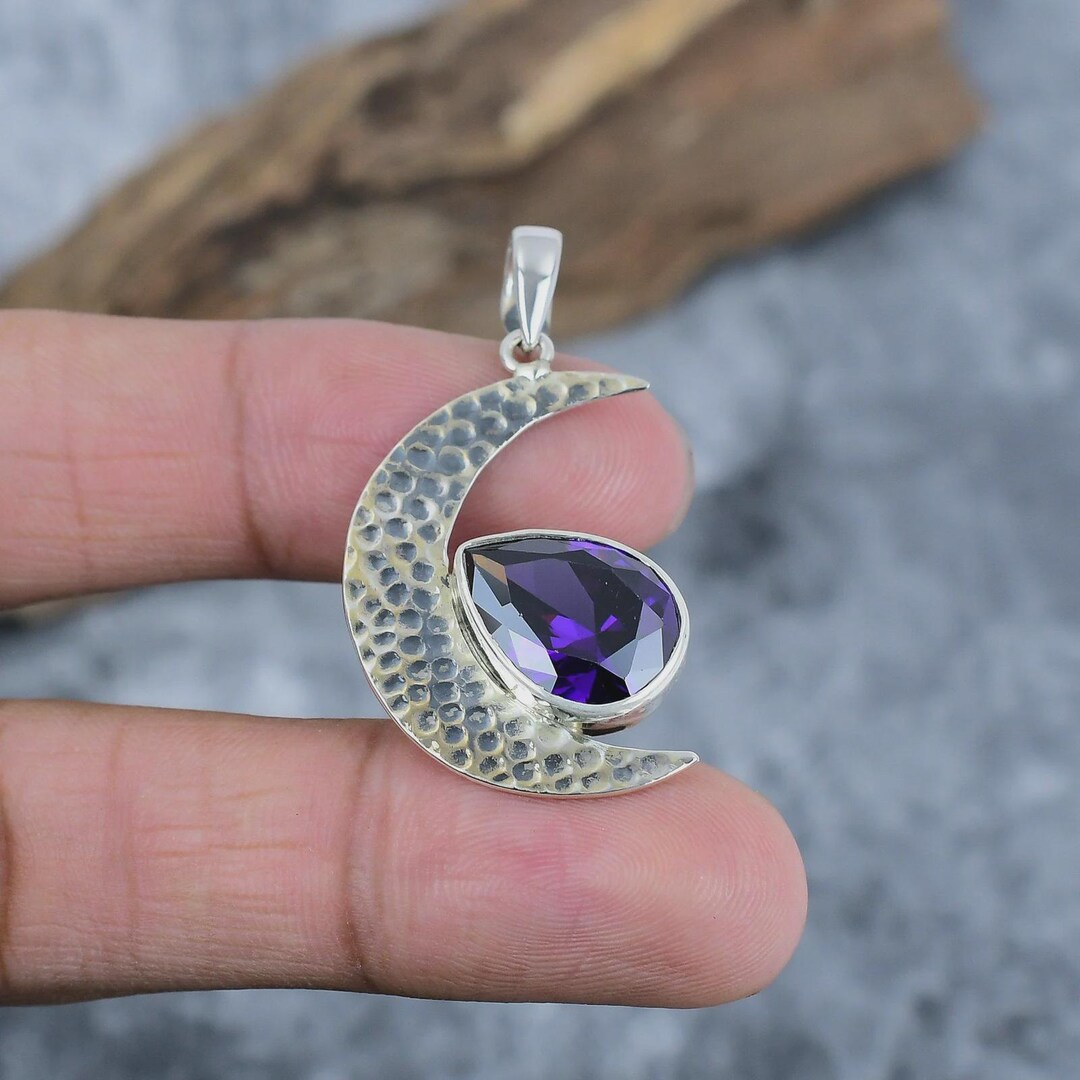 Amethyst Crescent Moon Pendant • Handmade Sterling Silver Necklace - Etsy