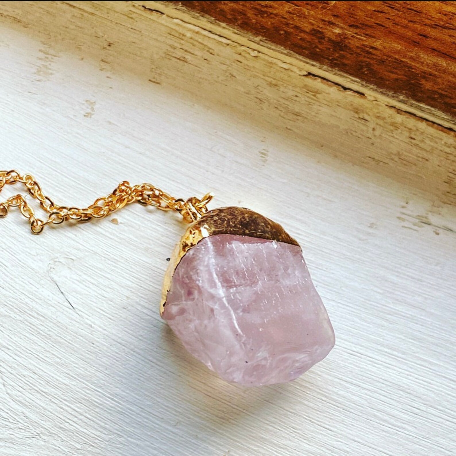 Dipped Gold Pink Rough Crystal Pendant Etsy