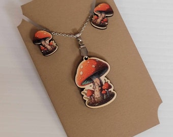 UV-Printed Wood Mushroom Jewelry Set, Laser-Cut, Stainless Steel, Lightweight, Nature-Inspired