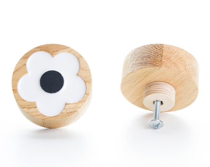 kids design furniture knobs modern design pulls white and black dresser handle DRAWER KNOB FLOWER oak wooden with epoxy resin