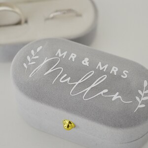 Personalised velvet wedding double single ring box. Ceremony. Engagement. Surname. Mr & Mrs