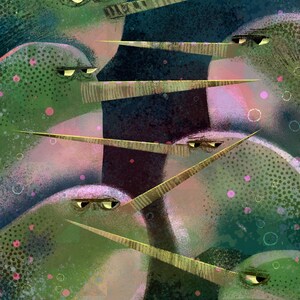 May include: An illustration of several narwhals with long, spiraled tusks. The narwhals have a green and pink color scheme with a textured, painterly style. The background is a dark teal with pink and white accents.