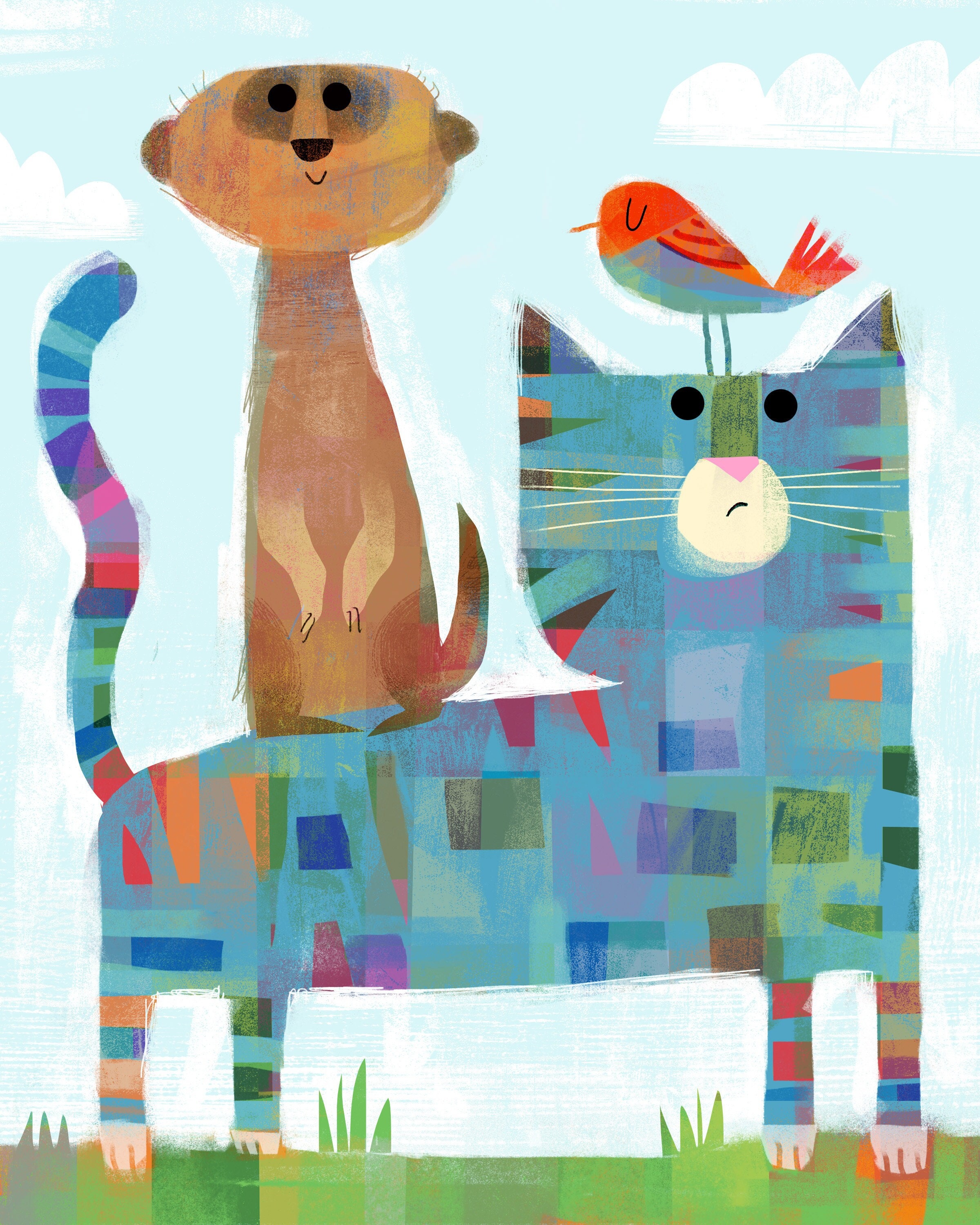 Cat with Pesky Meerkat and Bird