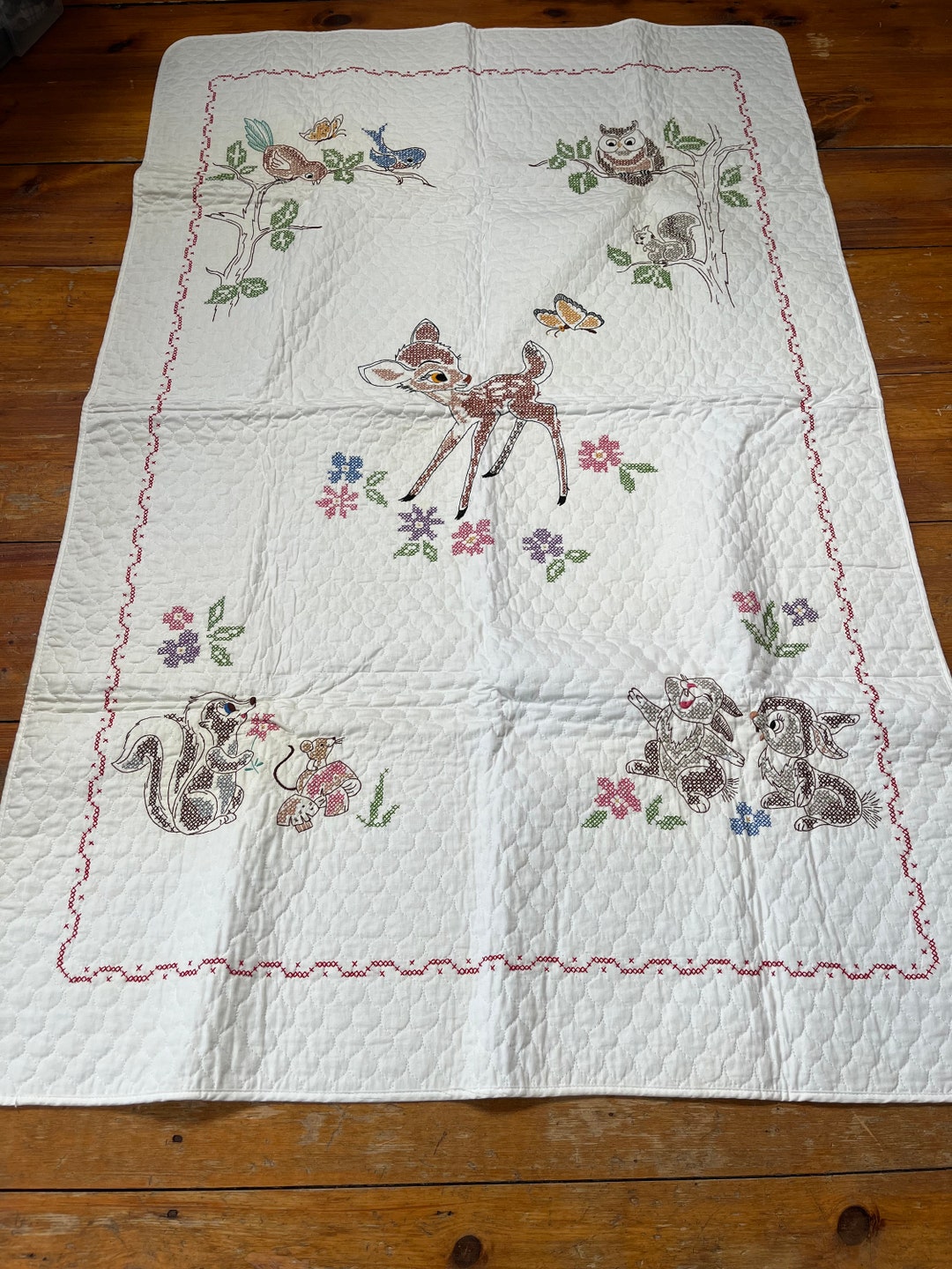Vintage Hand Embroidered Baby Quilt Bambi Disney Etsy