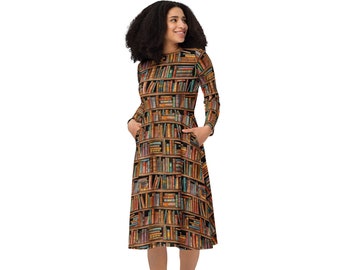 Book Dress with POCKETS, Long Sleeve all over print Dress, Book Shelf Book Club Dress, Librarian Author Book Lover Dress, Bookclub Gift