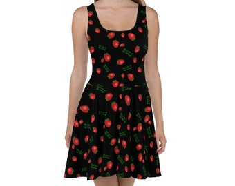 Cottagecore Strawberry Dress black for Women Plus Size, Cottage Core Clothing, romantic Skater Dress, Milkmaid Midi Summer Dress