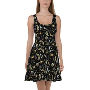 Witchy Dress for pagan Girls, Pagan Skater Dress for Women, Witch Dress Plus Size, Black Goth Clothing, Witchy Summer Dress XS-3XL