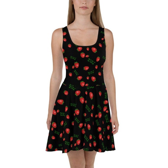 black dress with strawberries Unique Vintage Black & Strawberry Print Midi Dress main image 0
