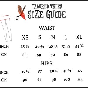May include: A size guide from Tailored Tales, with waist and hip measurements in inches and centimeters. Sizes range from XS to XL, with waist measurements from 25 1/4 inches (64 cm) to 34 3/4 inches (88 cm). Hip measurements range from 35 1/2 inches (90 cm) to 45 inches (114 cm).