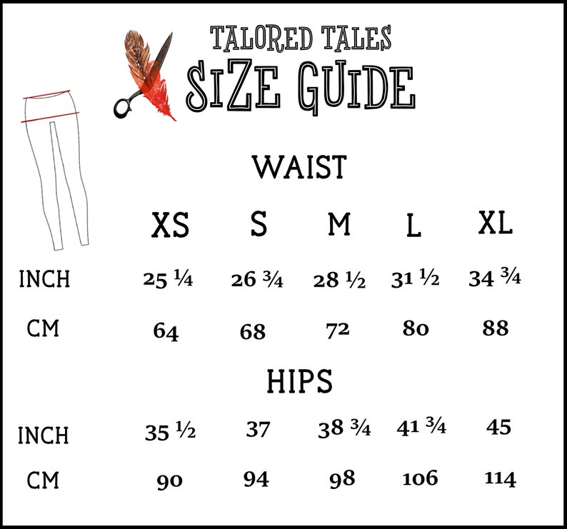 May include: A size guide from Tailored Tales, with waist and hip measurements in inches and centimeters. Sizes range from XS to XL, with waist measurements from 25 1/4 inches (64 cm) to 34 3/4 inches (88 cm). Hip measurements range from 35 1/2 inches (90 cm) to 45 inches (114 cm).