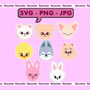 May include: A set of eight cartoon animal face stickers. The stickers are in various colors and feature a cat, dog, fox, chick, wolf, squirrel, rabbit, and bunny. The stickers are on a pink and white grid background. The text "SVG - PNG - JPG" is at the top of the image.